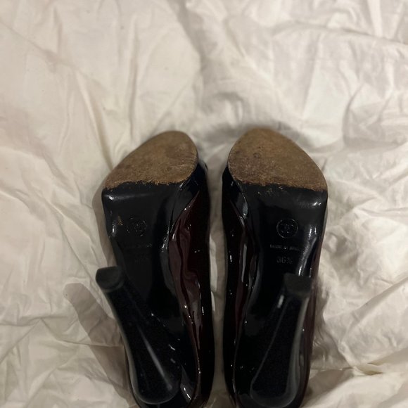 Chanel Burgundy Patent Leather With Navy Cap Toe Cut Out Heels - Picture 13 of 13